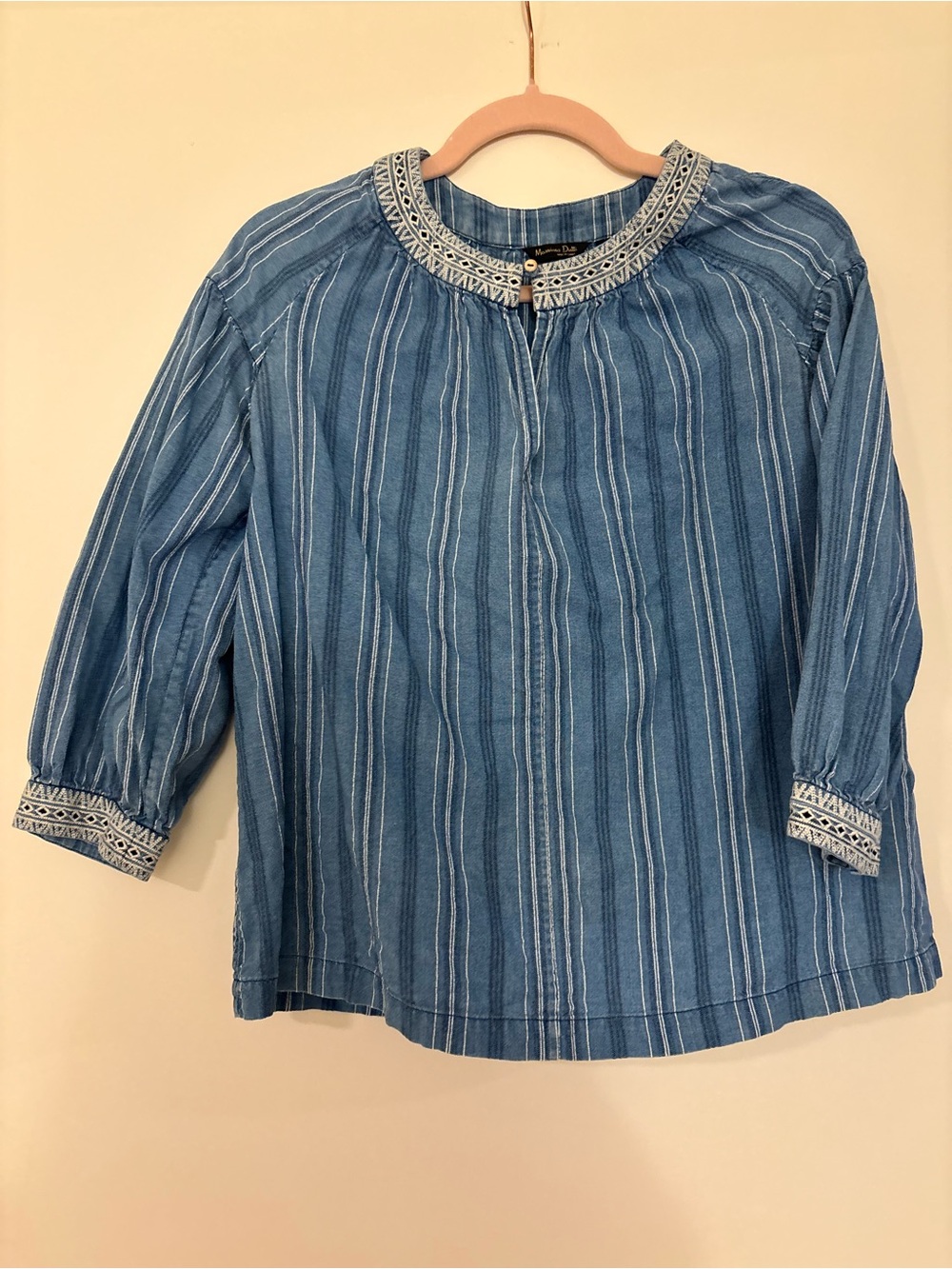 Massimo Dutti Blue Striped Embroidered Neck Blouse